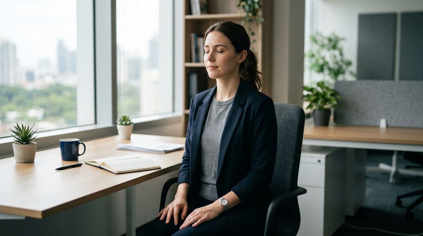 A single professional sits at a desk in a modern office with eyes closed, performing a box breathing exercise, hands relaxed on lap, illuminated by soft natural light from a window, creating a calm atmosphere.