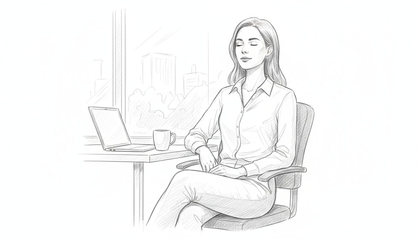 Hand-drawn graphite sketch of a young professional at an office desk, eyes closed, hands relaxed on lap, practicing deep box breathing exercise. Simple office with closed laptop, coffee mug, and background window, using light gray tones on white paper.