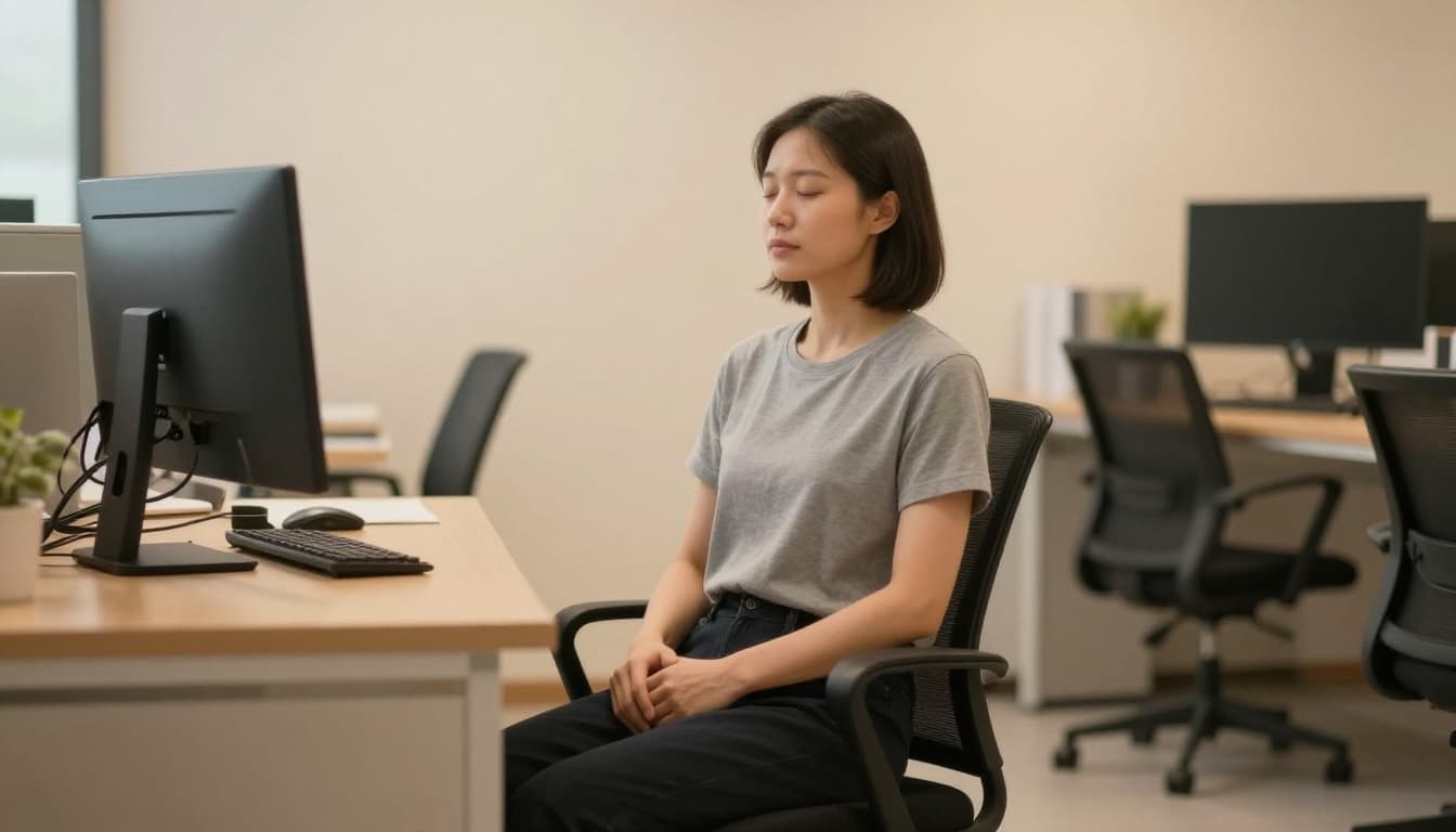 A single professional sits relaxed at a modern office desk, eyes closed and hands on lap, practicing a guided breathing exercise with a calm expression amid warm lighting.
