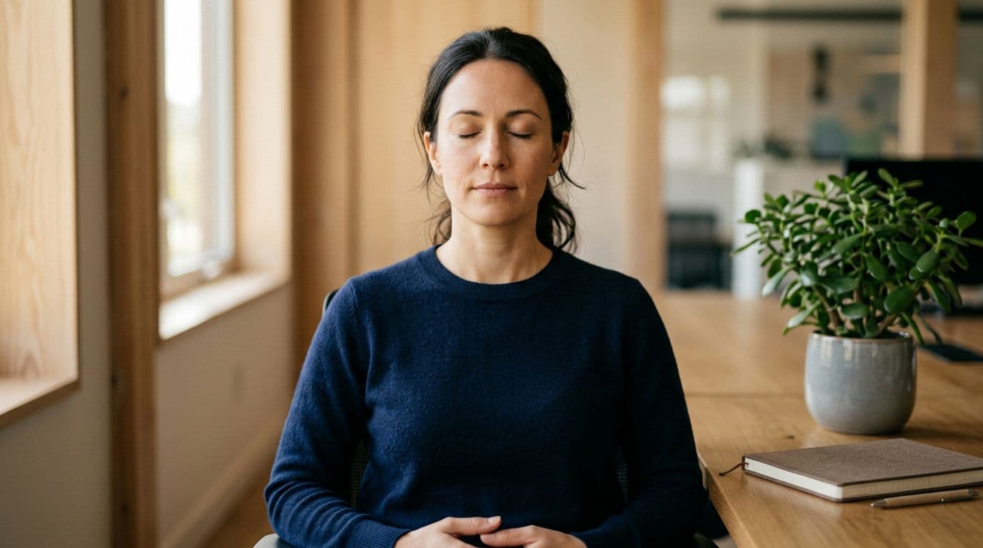 A single professional at a modern office desk practices a breathing exercise with eyes closed, calm face, hands on lap, and relaxed posture. Simple workspace background includes a plant and notebook, close-up shoulder-up composition in photorealistic style with soft warm lighting.