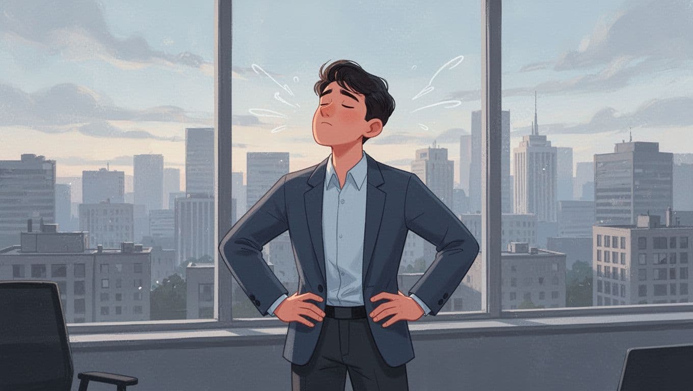 Modern illustration of a young professional standing by a window, breathing deeply with hands on hips to relax after a stressful moment, overlooking a city view in soft afternoon light.