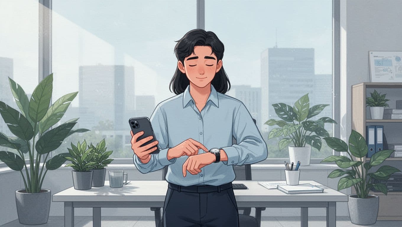 Young professional at standing desk pauses to breathe while checking phone calendar, relaxed posture, calm expression in modern plant-filled office, clean line illustration in blue-green palette.