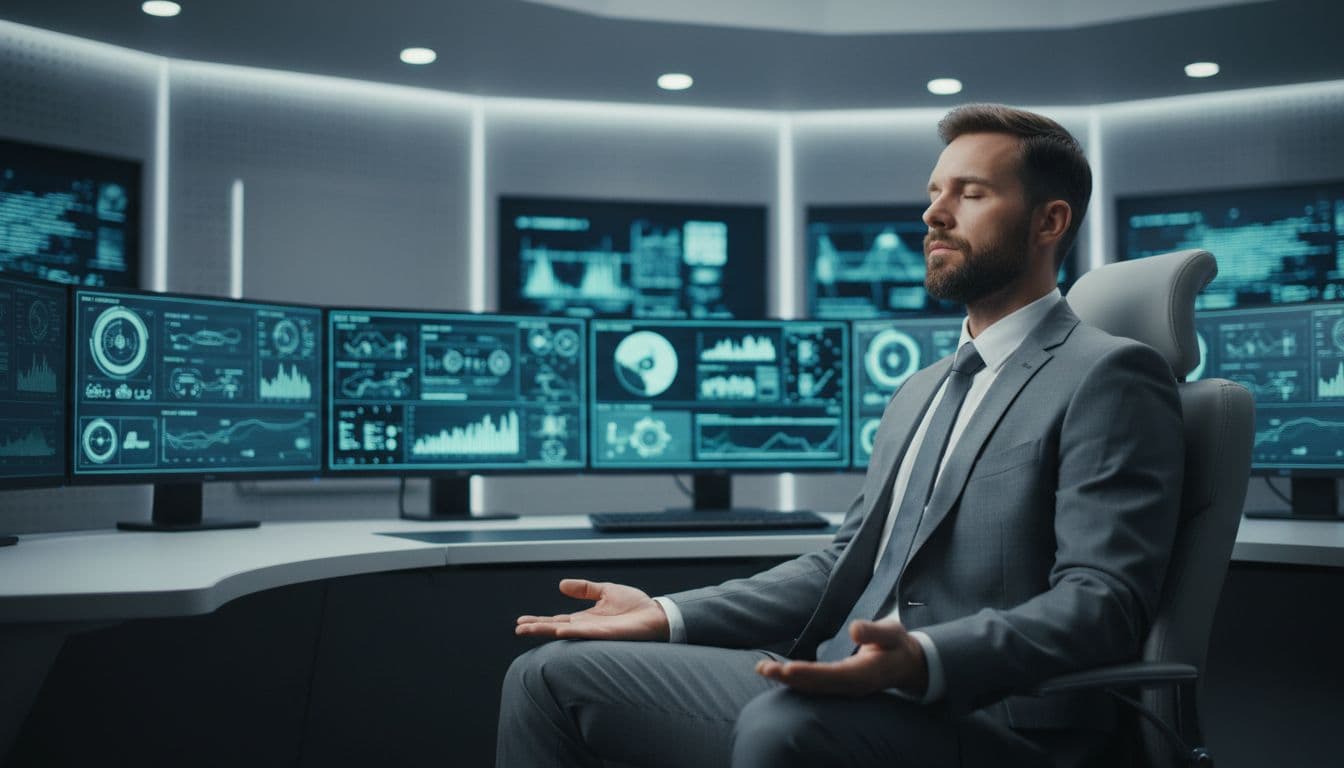 A focused professional in a high-stakes control room practices breathing exercises with eyes closed and hands on knees, calm expression, modern office with monitors in background.