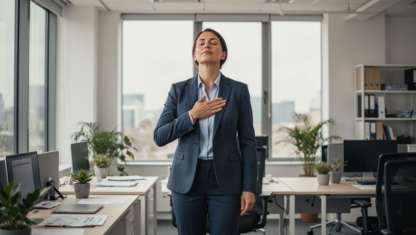 A professional leader in a modern office stands from the desk between meetings, taking a deep breath with eyes closed, relaxed posture, hand on chest, in soft natural light.