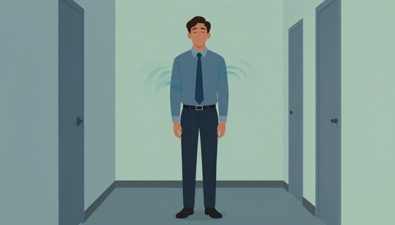 Young professional in modern office attire takes a deep intentional breath in a quiet hallway before a presentation, releasing tension with eyes closed and relaxed pose, modern illustration in cool blues and soft greens.