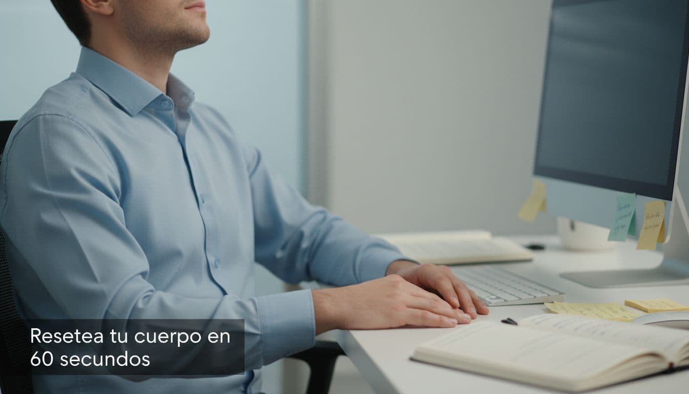 A calm clinician or engineer seated at a modern desk takes a deep breath reset, eyes closed briefly, hands relaxed on lap, shoulders down in a photorealistic workspace with computer and notes under soft lighting.