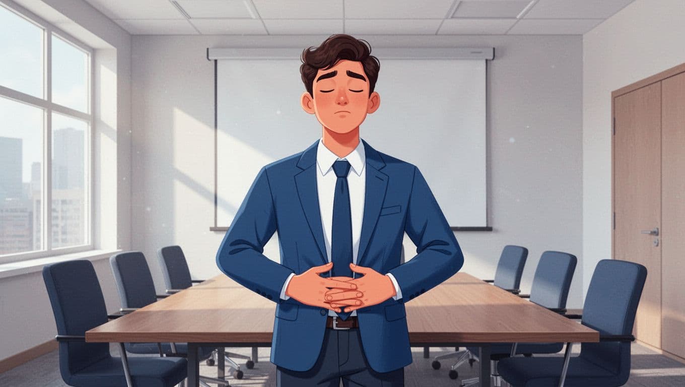 A young professional stands in an empty meeting room, moments before speaking, with hands on the abdomen practicing deep diaphragmatic breathing, eyes closed, and a serene expression.