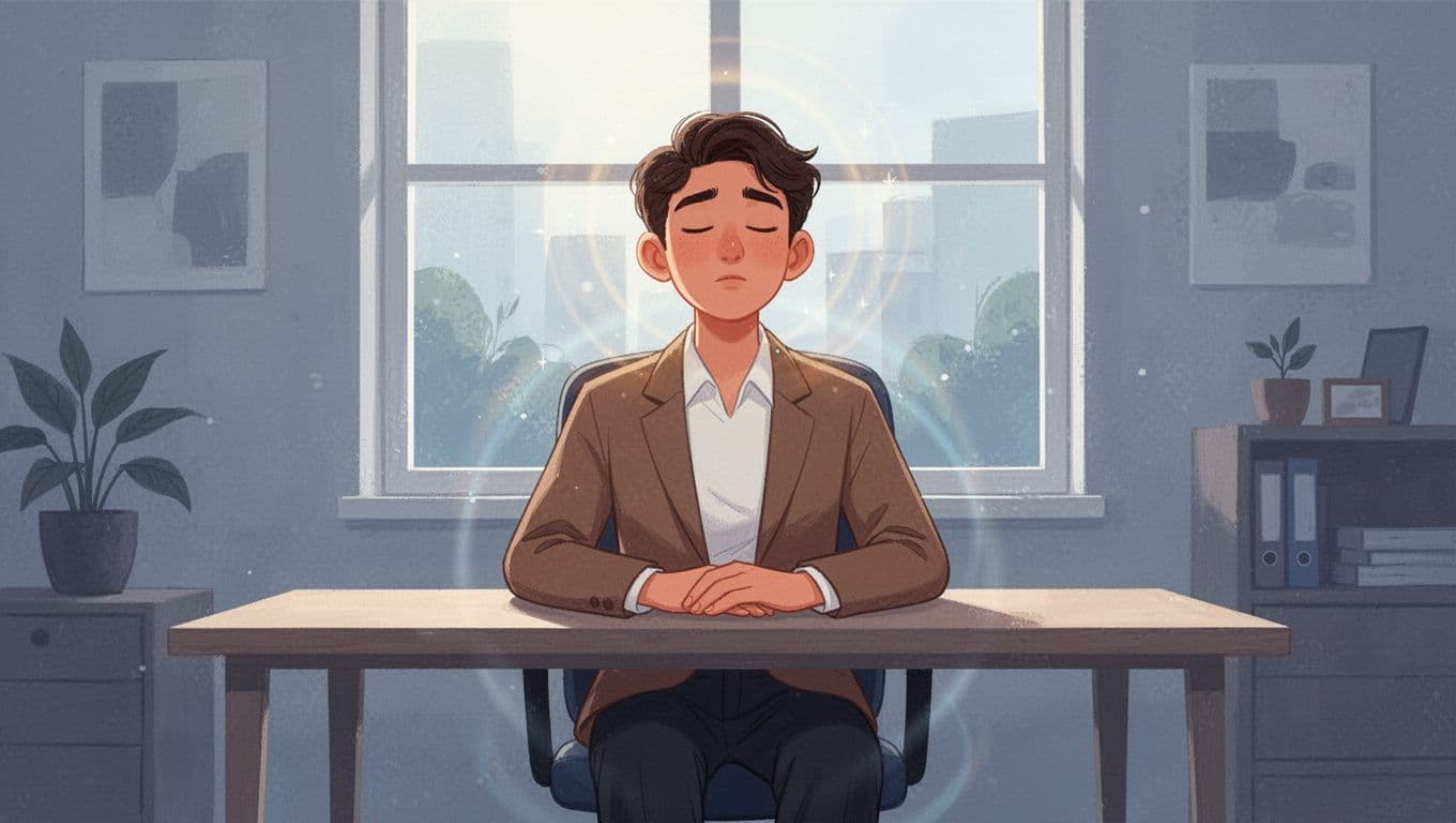 Modern illustration of a young professional sitting calmly at a home office desk with eyes closed, hands relaxed, engaged in deep breathing amid warm earth tones and natural light.