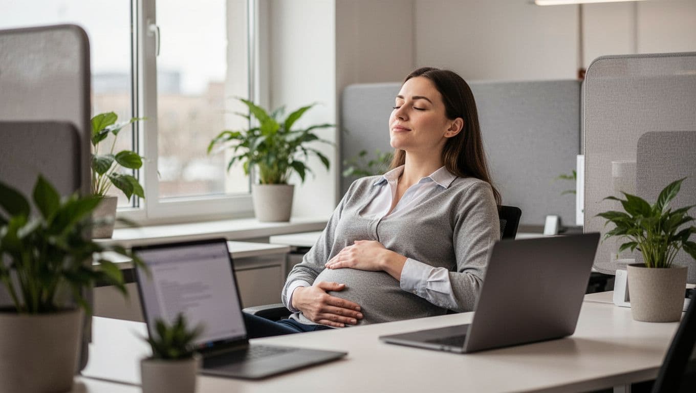 In a quiet modern office, a single professional practices calm deep breathing with hands on belly, relaxed posture, blurred laptop nearby, plants, and soft daylight for ultimate focus protection.