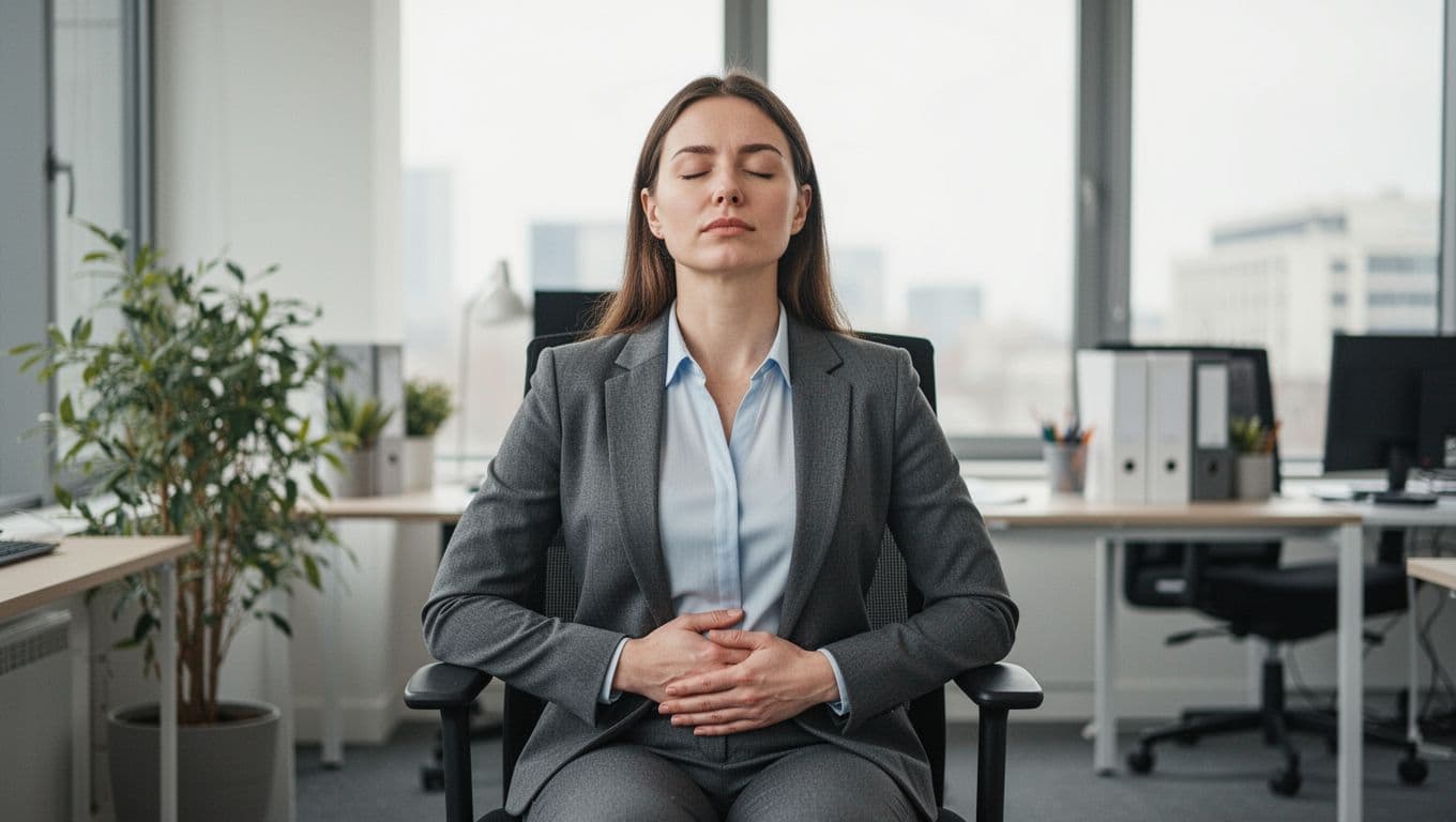 A professional person seated in an office performs a deep breathing exercise with eyes closed, hand on abdomen, and a calm expression under soft natural lighting. Photorealistic image with centered composition, no text, logos, or distractions.
