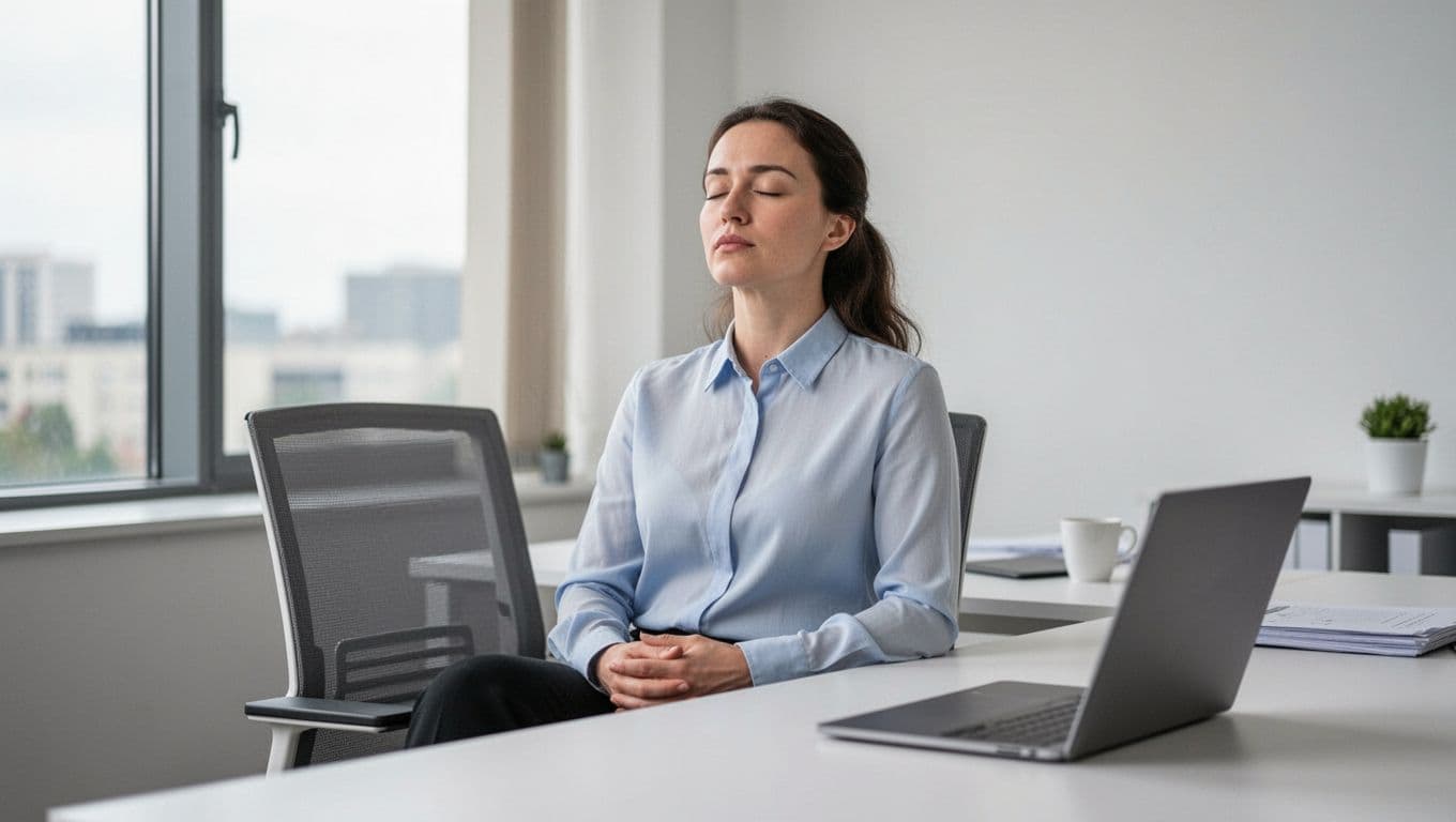 A professional sits calmly at a modern office desk with eyes closed and hands on lap, practicing deep breathing in a relaxed posture. Soft natural window light illuminates the clean minimalist office background with a closed laptop nearby.