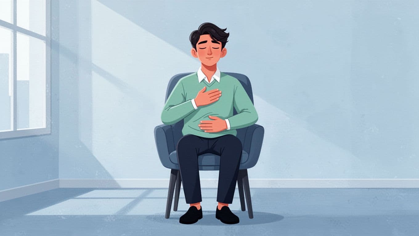 Modern illustration of a young professional sitting in a chair with eyes closed, right hand on chest and left on belly, deeply breathing to relax before a presentation, in cool blues and soft greens.