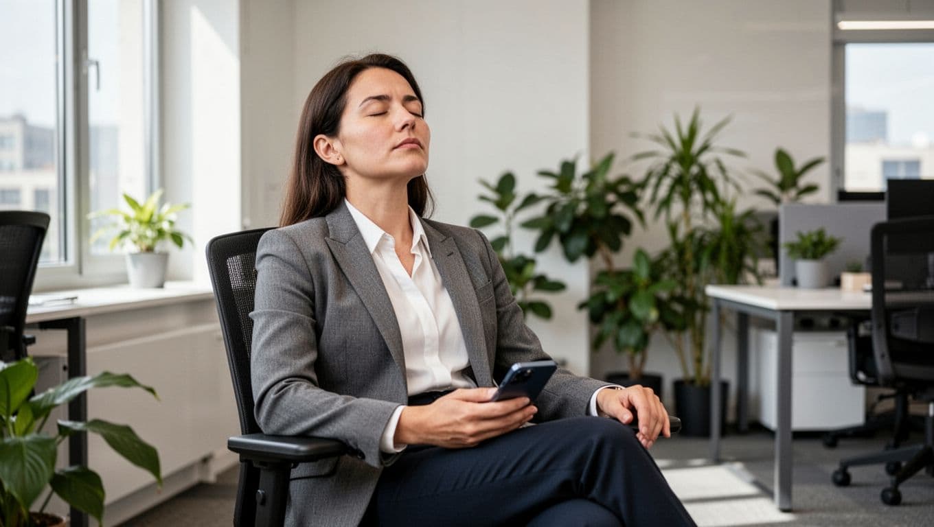 A professional sits comfortably in a modern open office chair with eyes closed, practicing deep breathing, phone resting on lap, shoulders down in a calm posture, illuminated by natural daylight from a window amid minimalistic decor with plants.