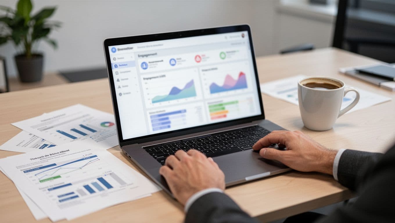 Photorealistic professional office desk with open laptop displaying blurred wellness metrics dashboard including engagement and stress graphs, scattered printed data papers, coffee cup, soft lighting, two hands resting lightly on laptop, no people, no legible text or logos.