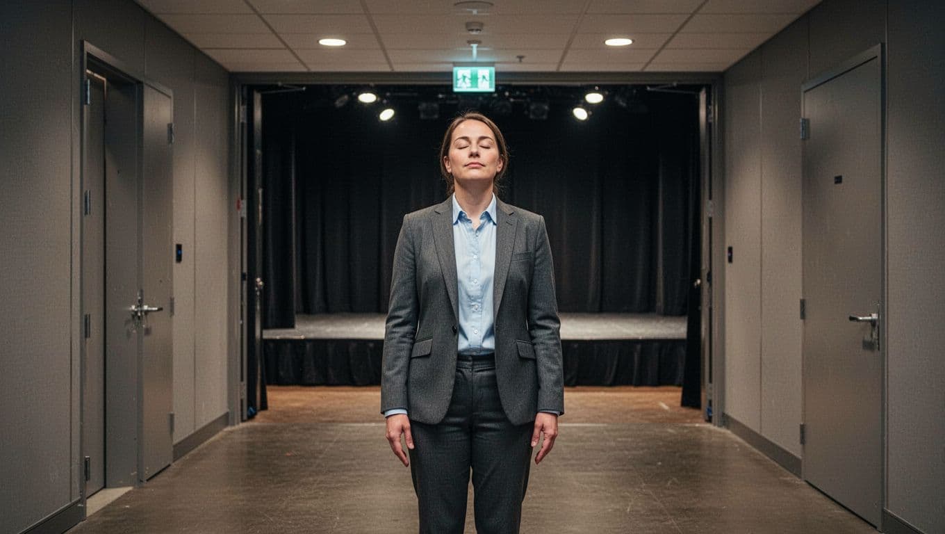 A professional corporate employee in business casual attire stands alone in a quiet backstage hallway near a stage entrance, eyes closed with a relaxed facial expression practicing box breathing under soft overhead lighting.