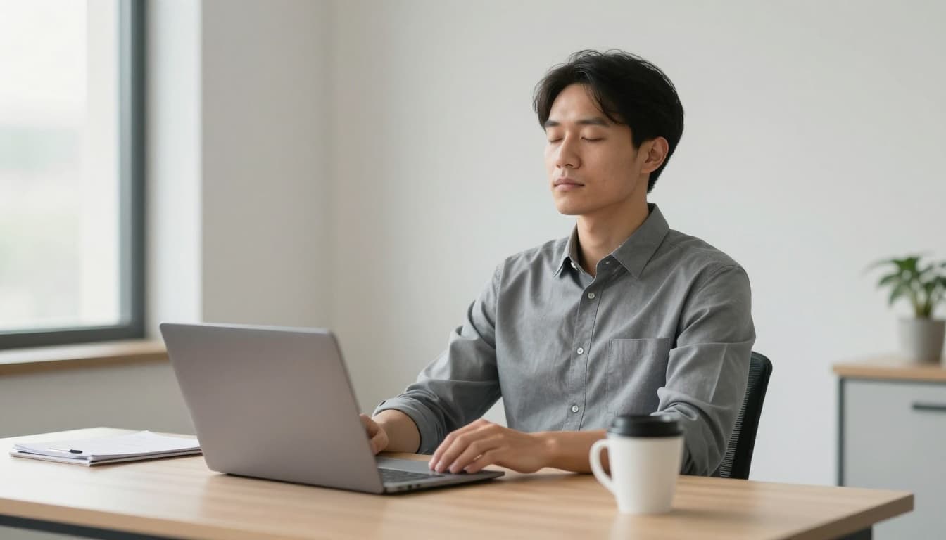 A professional employee sits at a modern office desk with eyes closed and hands relaxed on lap, calmly practicing box breathing. The desk includes a laptop and coffee mug in a neutral office background with soft natural window light.