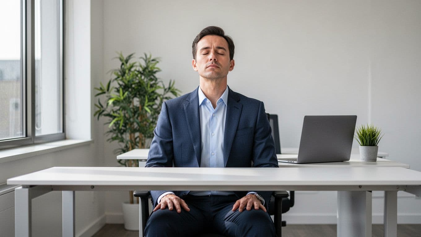 A single professional executive sits at a modern office desk with eyes closed, hands relaxed on lap, and a calm focused expression while practicing slow resonant breathing. Natural daylight illuminates the simple clean office background featuring a plant and closed laptop.