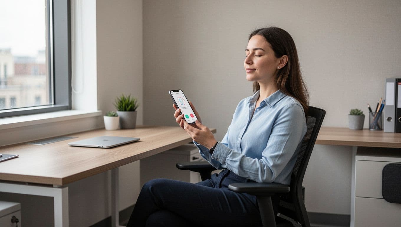 A professional seated comfortably in a quiet office corner uses a mobile phone app for guided breathing, eyes closed with a relaxed face, under soft natural light in a modern minimalist office.