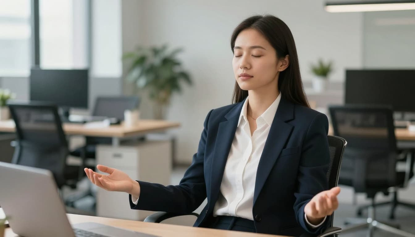 A single professional in business casual clothes sits calmly in an office chair with eyes closed, hands relaxed on lap palms up, subtle calm expression amid blurred modern open office background and serene natural daylight.