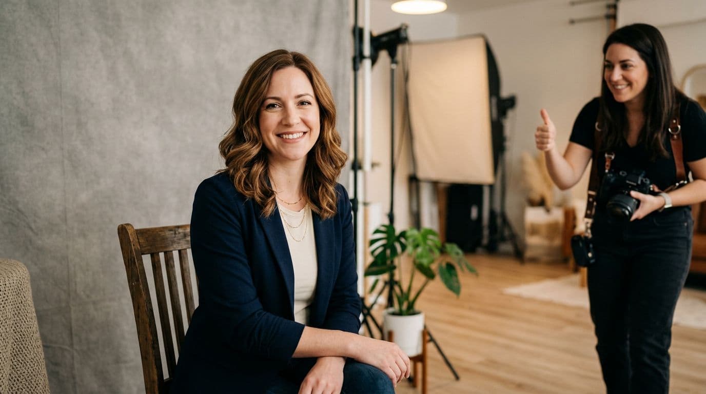 Inviting studio setup for a professional headshot session in Cherry Hill NJ style, featuring one relaxed mid-30s woman sitting comfortably with a natural smile, soft warm lighting, neutral textured backdrop, and blurred photographer giving thumbs up in a simple modern environment.