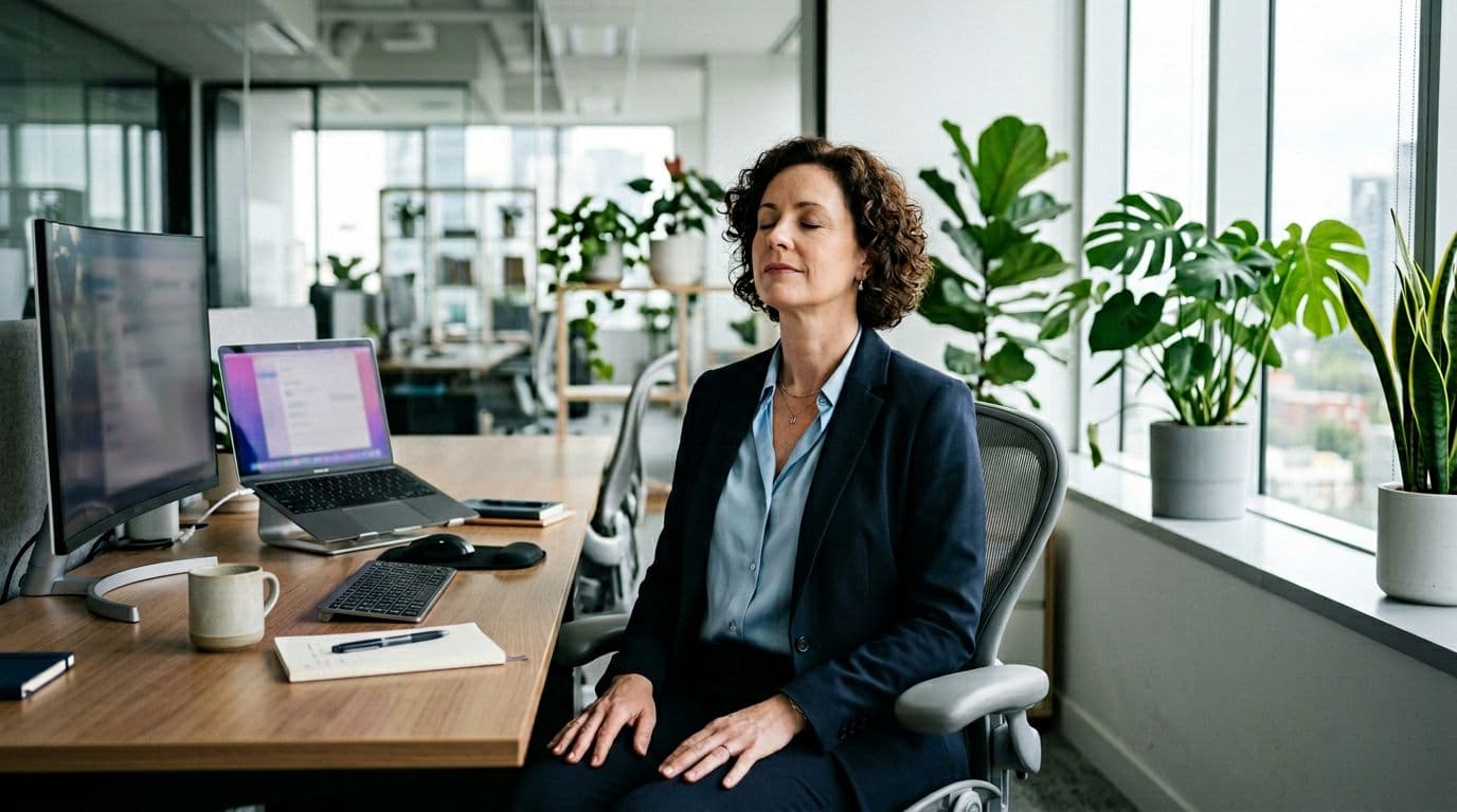 A professional leader sits at a modern office desk, eyes closed, taking a deep breath with hands relaxed on lap, calm expression amid workspace with computer and plants. Realistic photo with soft natural lighting, full edge-to-edge composition.