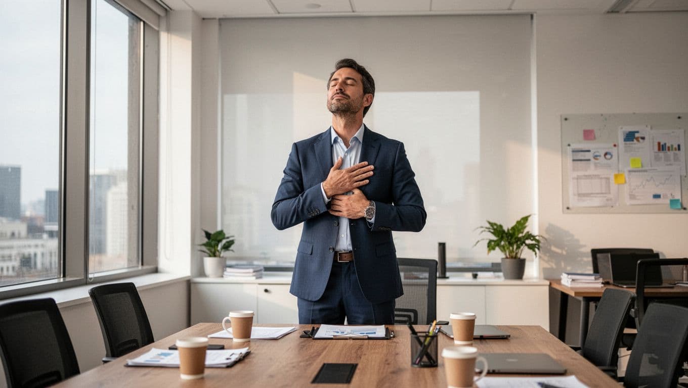 A professional leader in a modern office stands from the desk, eyes closed, hand on chest, taking a deep breath to relax and reset stress between meetings.