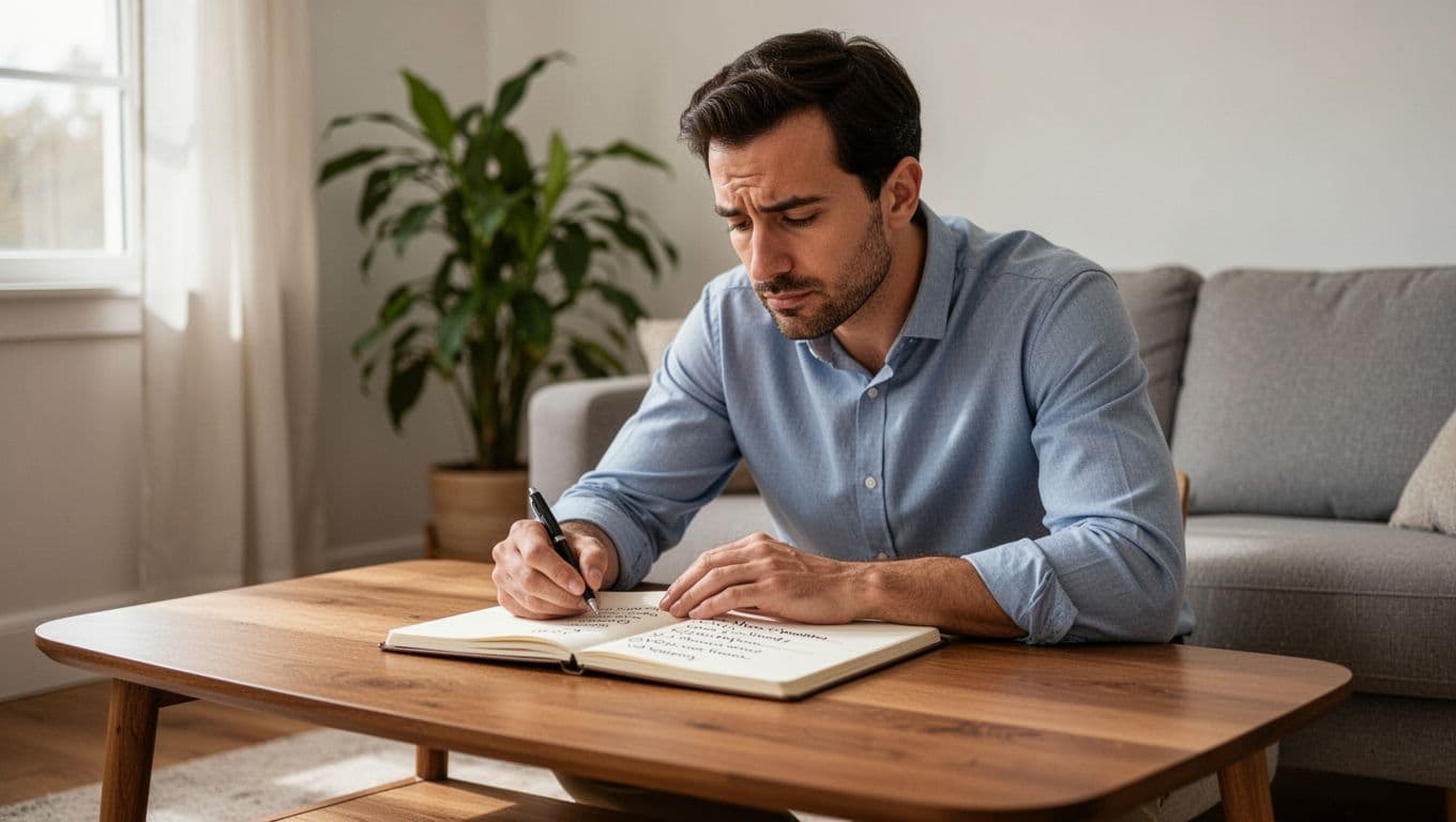 A calm and focused professional leader reviews a to-do list in a notebook on a quiet coffee table, bathed in soft natural light from a window with a simple plant background.