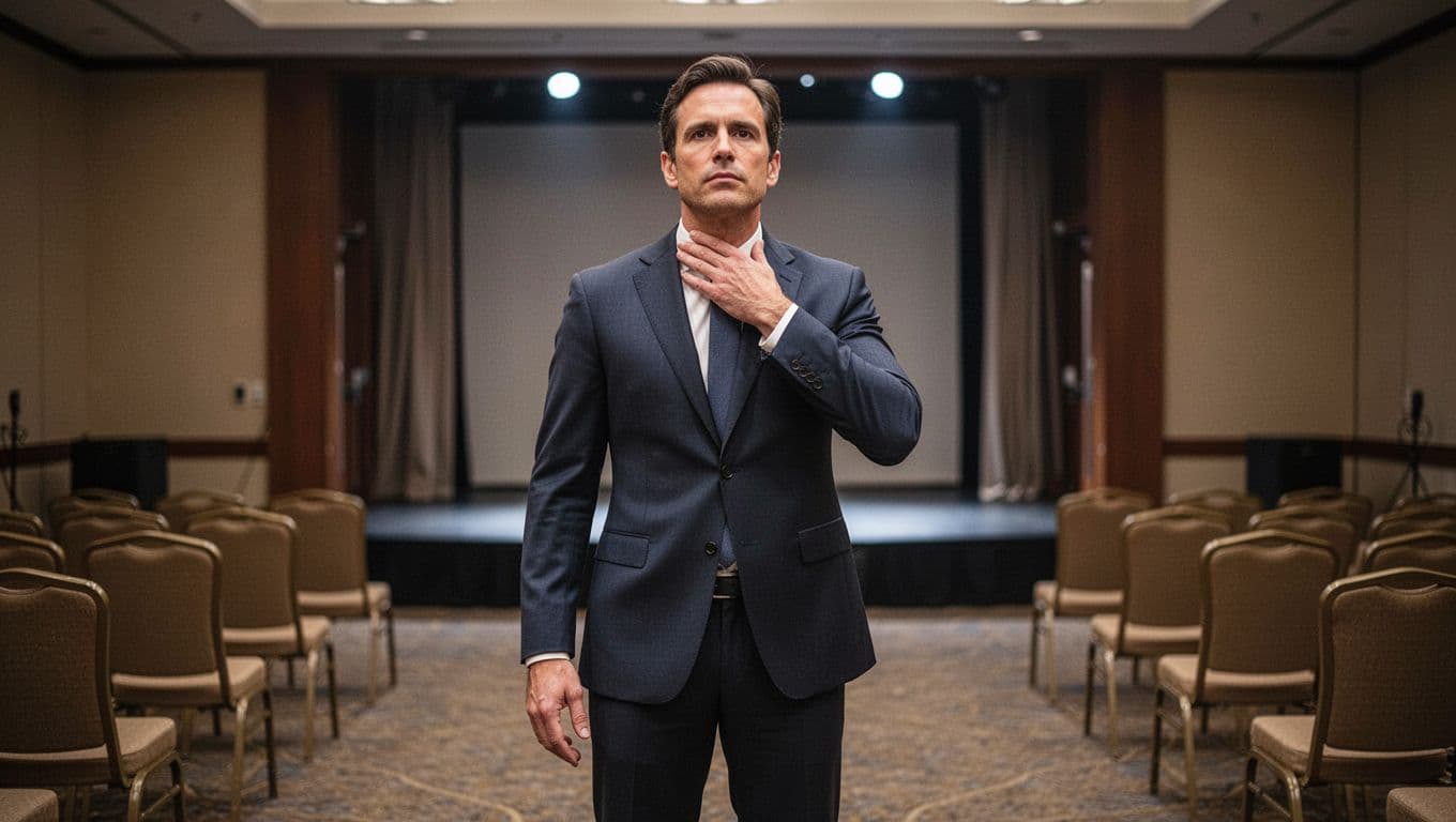 In a softly lit conference room backstage, a professional man in a suit performs a relaxing routine before speaking: shoulders rolling back, jaw relaxed, feet planted firmly, eyes forward with calm determination, one hand loose at side and the other gently touching his neck, blurred stage entrance and chairs in background, realistic high-detail style.