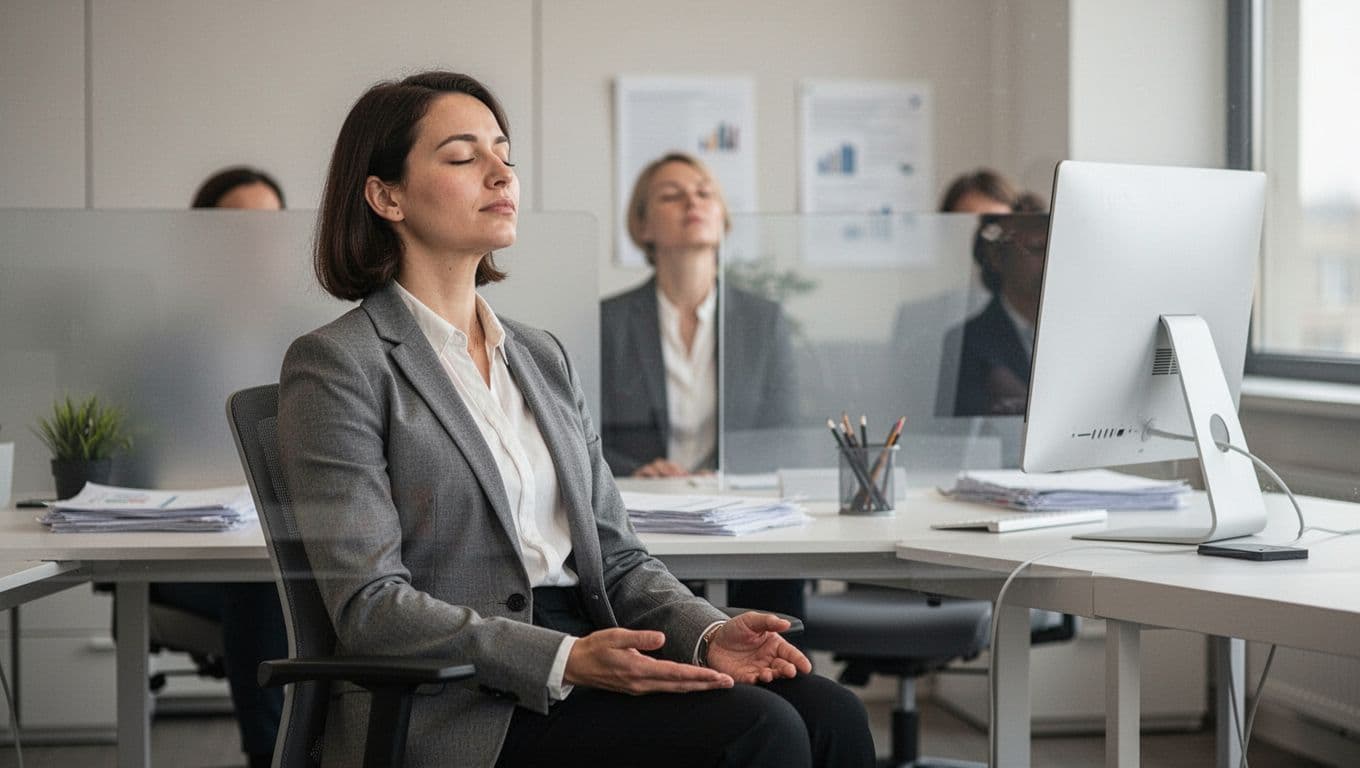 A professional sits calmly at a modern office desk with eyes closed and hands relaxed on lap, practicing slow breathing amid a neutral background with computer and papers. Soft natural lighting illuminates the realistic scene featuring exactly one person, no text or logos.