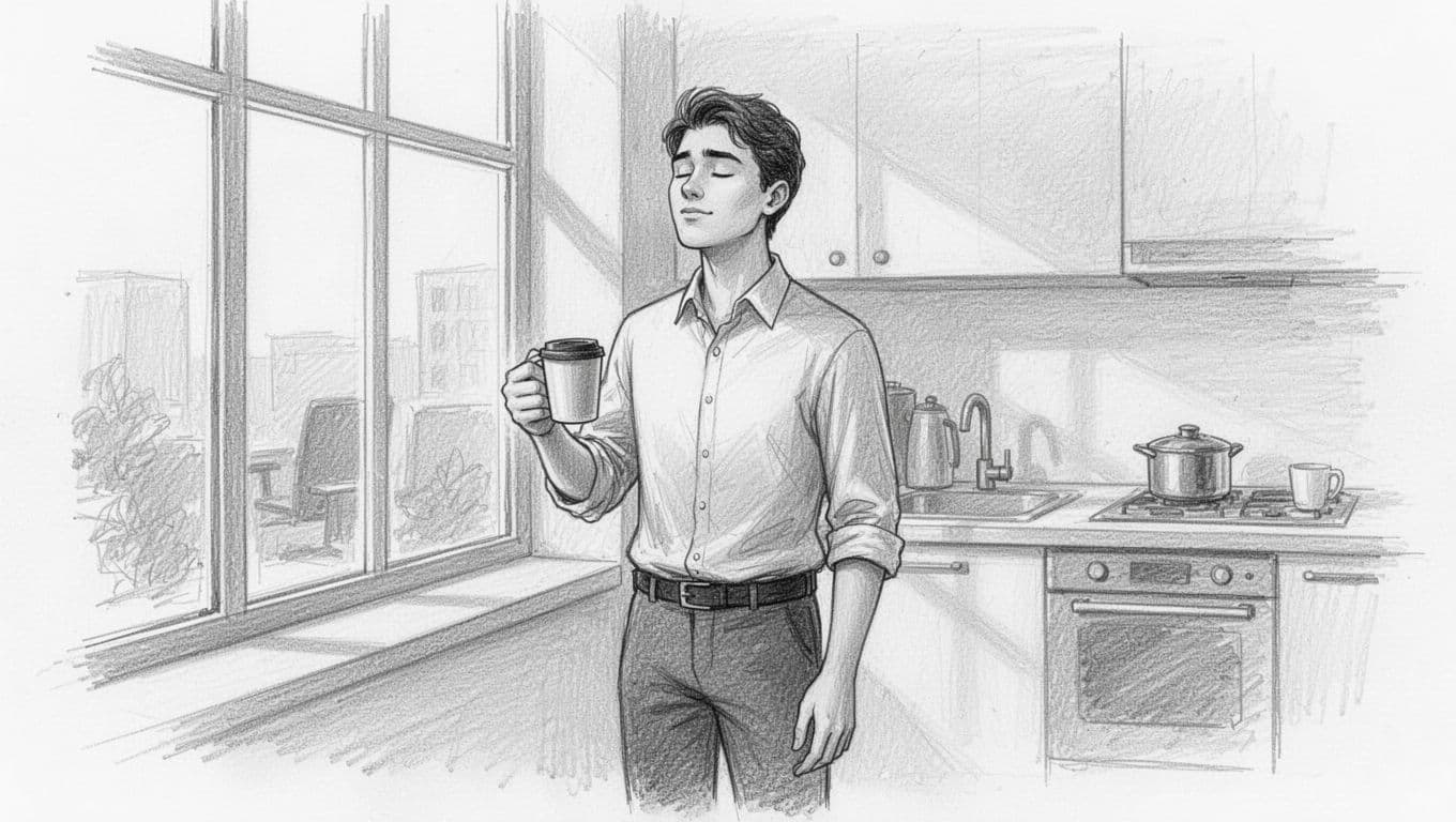 Young professional in casual work attire stands relaxed by office window or kitchenette, holding a coffee mug with eyes half-closed in mindful breathing pause. Hand-drawn graphite sketch with light shading in consistent gray-light palette on clean white background.