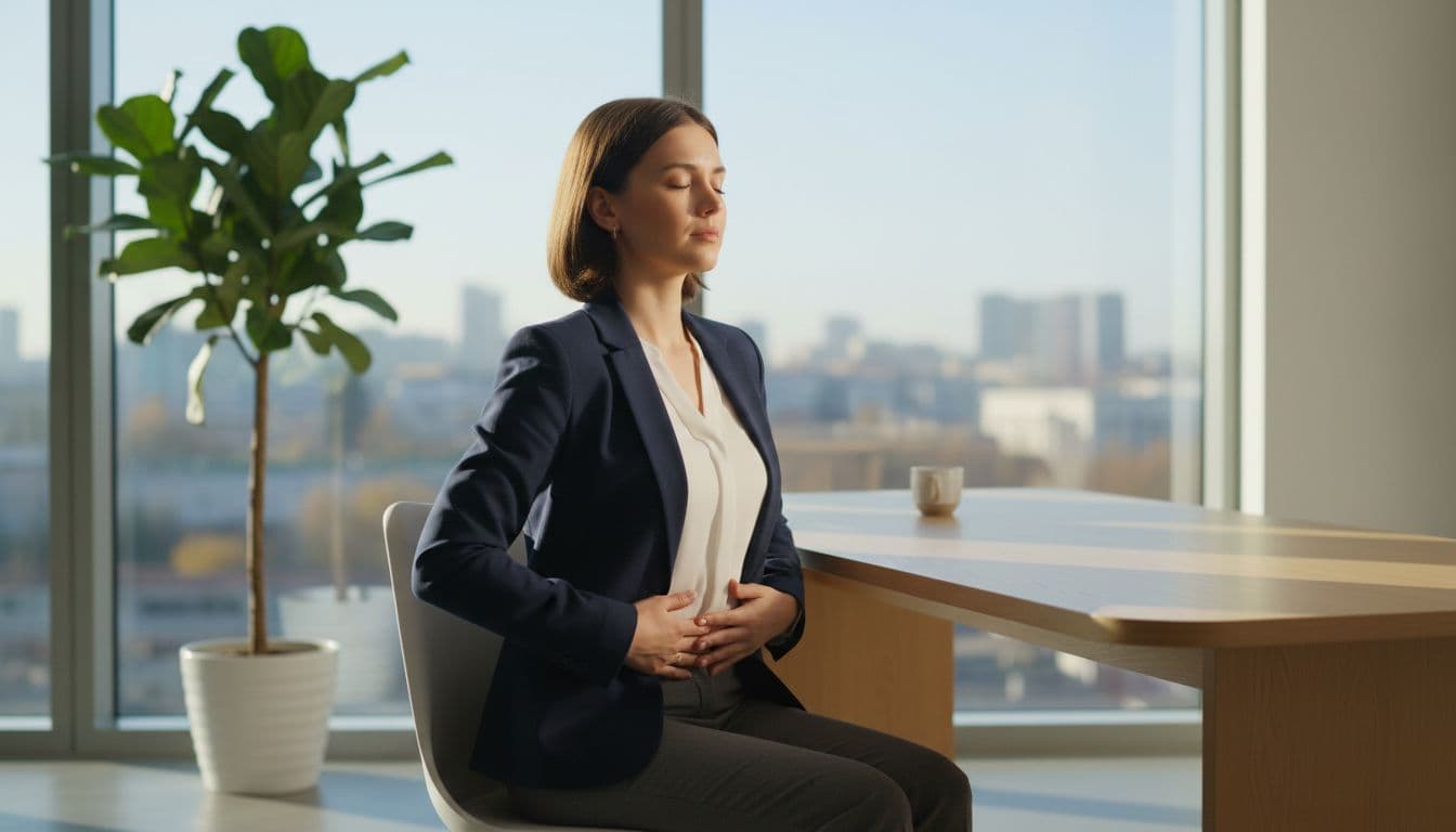 A professional in business attire sits at a modern office desk in morning light, eyes closed, hands on abdomen, practicing deep breathing with relaxed shoulders. Serene office with window view and green plant, photorealistic style with soft natural lighting.