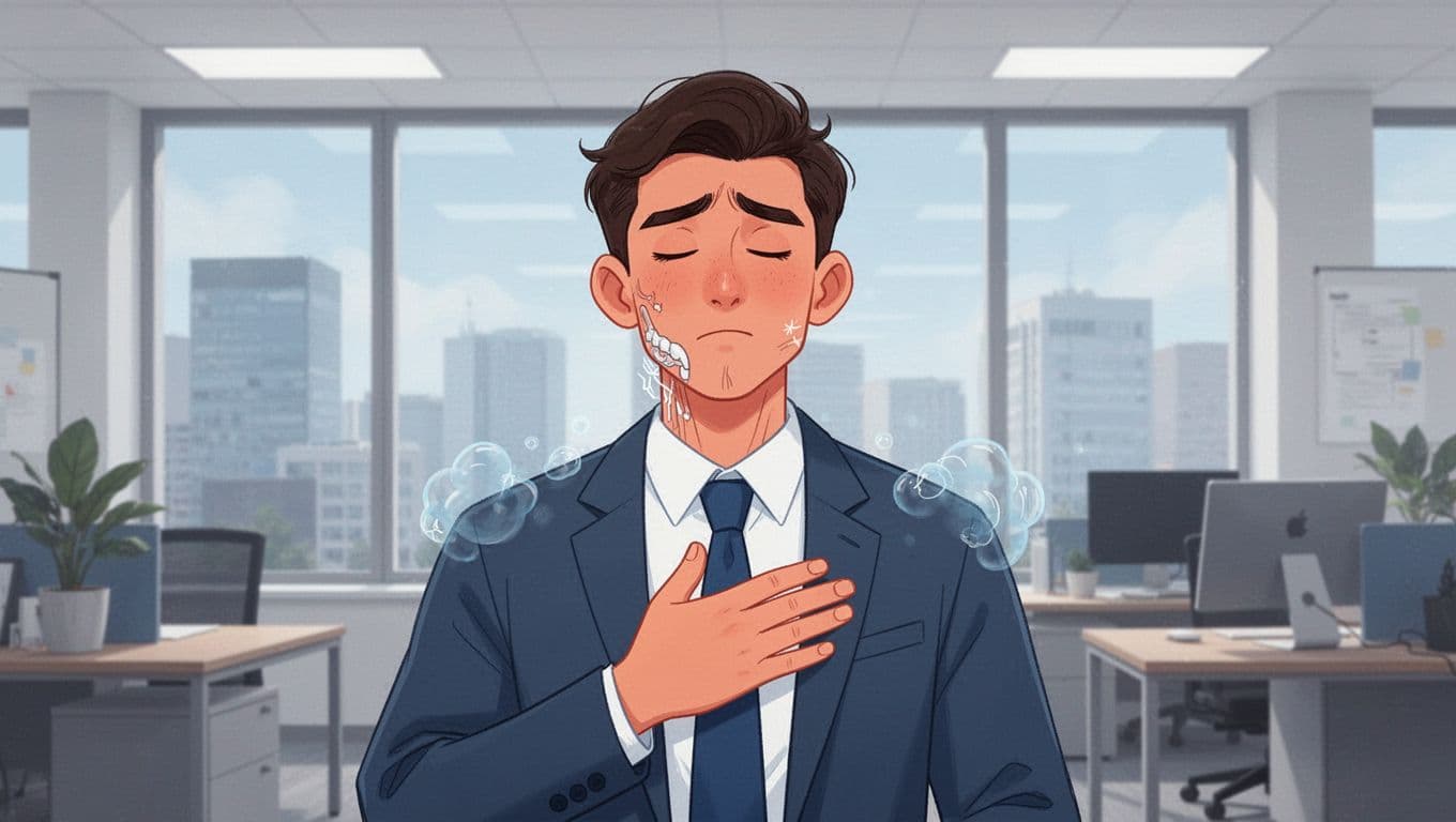 Young professional in modern office notices body stress signals like tense jaw and raised shoulders, pauses for deep guided breath with hand on chest, calm expression emerging in clean illustrative style.