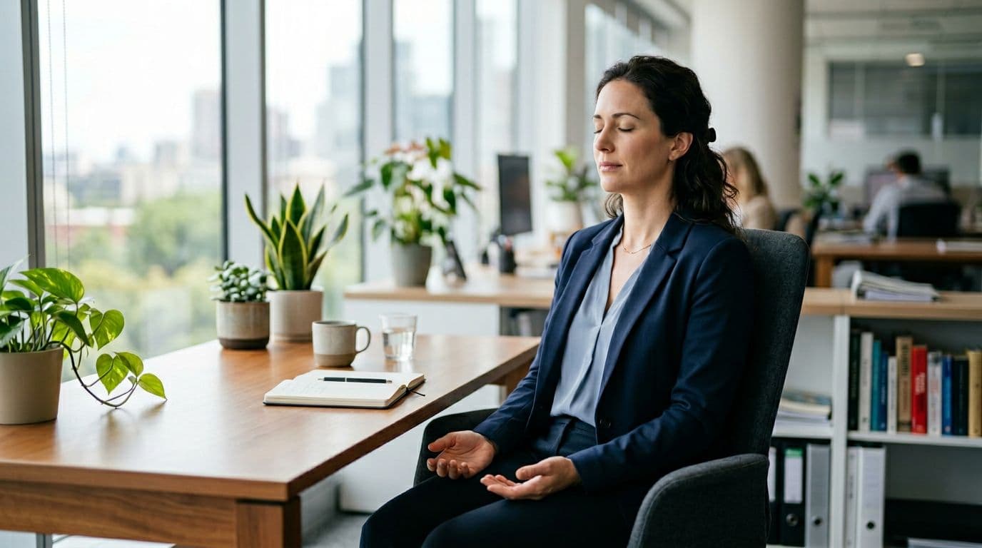 A single professional sits at a modern office desk during a short breathing break, with eyes closed, relaxed face, and hands resting palms up on lap, conveying subtle calm in a natural office setting with plants and window light.