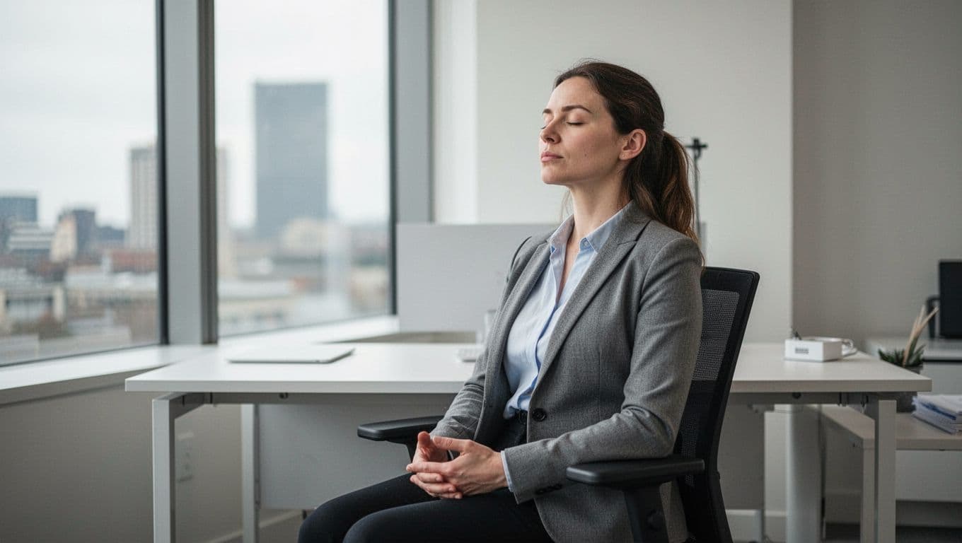 A professional sits tall at a modern office desk with eyes closed and hands relaxed on lap, engaged in a calm breathing exercise. Neutral background features a window view with soft natural lighting.