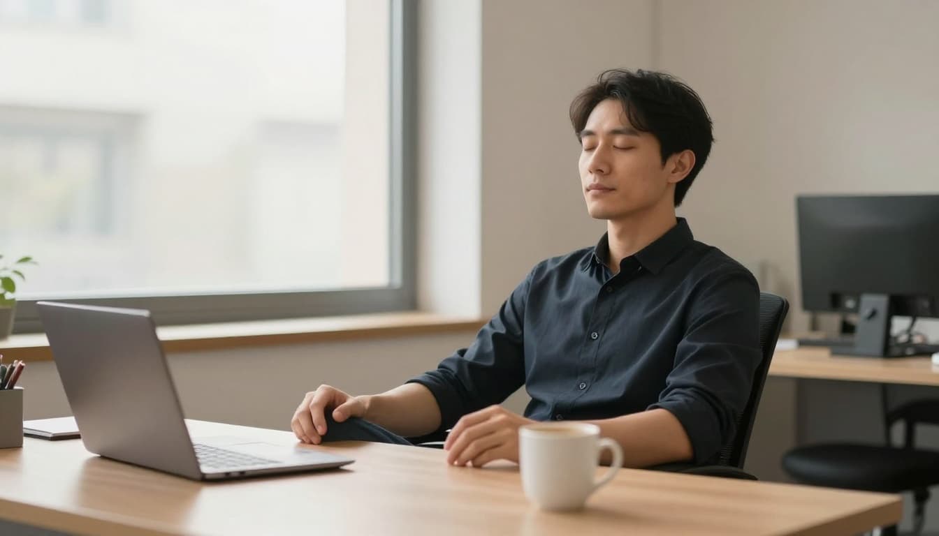 A single professional sits tall at a modern office desk with eyes closed and hands relaxed on lap, practicing a guided breathing exercise. Subtle calm expression under natural window light, clean desk with closed laptop and coffee mug.