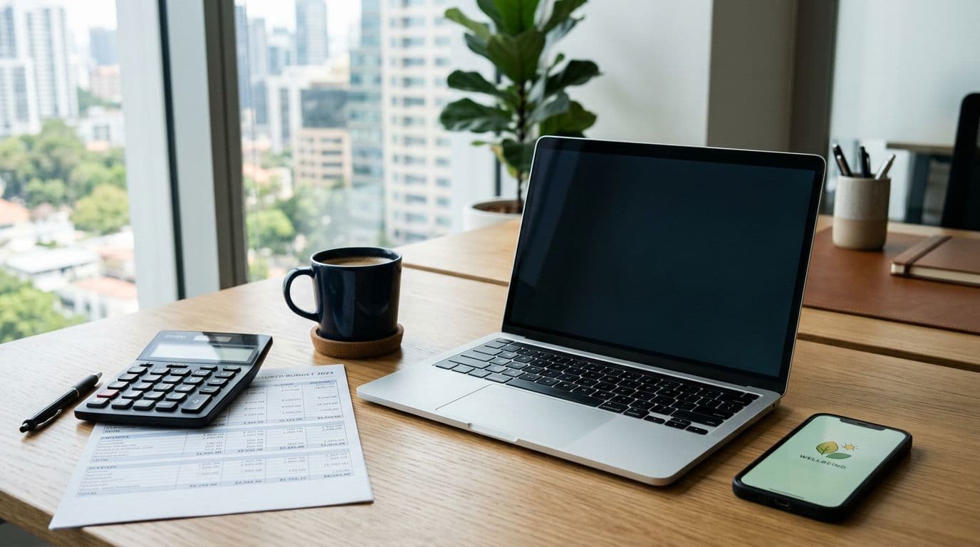 A professional office desk setup includes a calculator, budget spreadsheet printout, coffee mug, smartphone displaying a wellbeing app icon, and one open laptop at an angle in a modern office with natural daylight lighting.