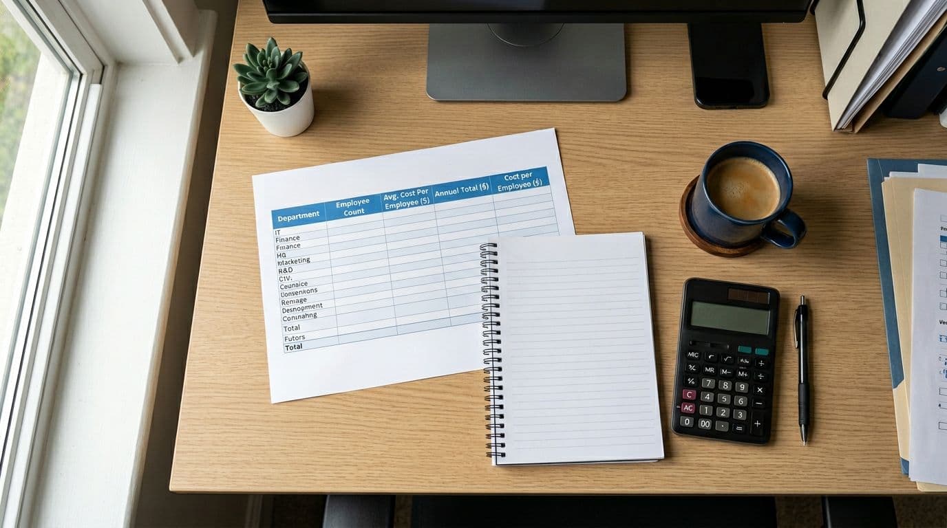 A professional office desk with a calculator, budget spreadsheet printout showing numbers around $500 per employee, coffee mug, and notepad with charts on wellbeing ROI. Clean modern office setting, natural daylight from window, top-down composition focusing on documents and tools.