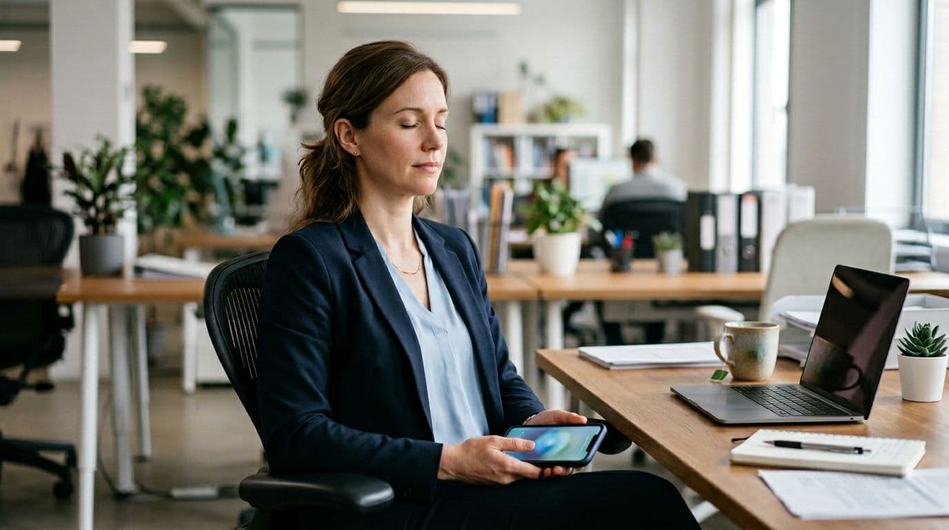 A professional in office attire sits calmly at a desk with eyes closed, holding a smartphone loosely for guided breathing, screen blurred, under soft office lighting in realistic style.