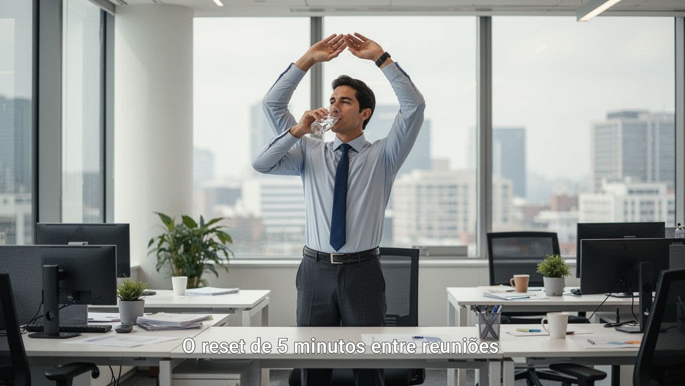 A professional leader in a modern office stands from their desk between meetings, sipping water from a glass while performing a simple arm stretch with a calm expression, illuminated by soft natural light.