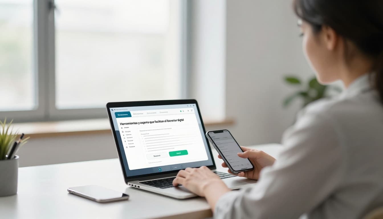 One professional seated at a desk in a modern open office, viewing a simple wellness dashboard app on a smartphone with laptop open, relaxed posture, soft natural daylight, realistic high-detail photography.