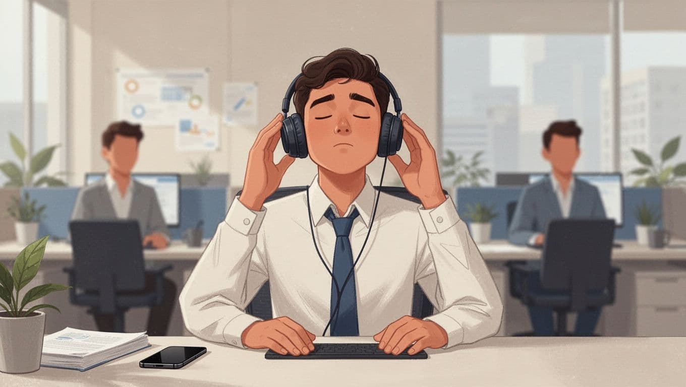 Young professional at open office desk pauses with headphones, breathing deeply amid blurred working colleagues. Modern illustration in neutral beige and blue tones with natural daylight, focusing on relaxation in work routine.
