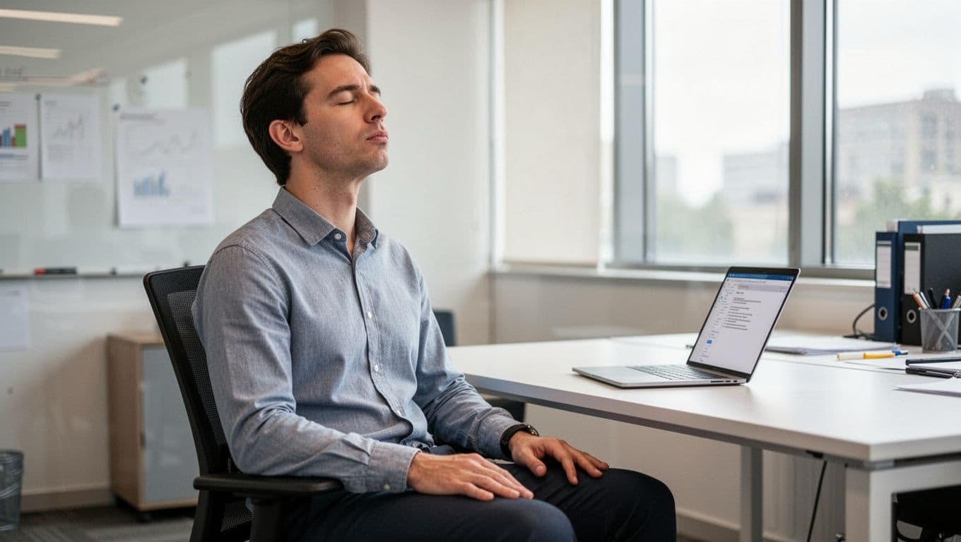 A single knowledge worker in business casual clothes sits at a modern office desk, eyes closed and hands relaxed on lap during a short breathing break, with an open but paused laptop and soft natural window light, in realistic photography style.