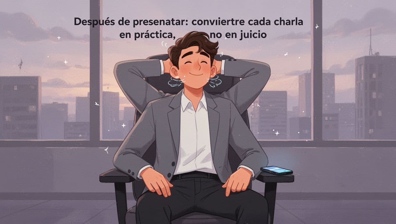 Young professional sitting relaxed in office chair after presentation, reflecting positively with calm expression, subtle neck stretch, modern illustration in soft purples and grays.