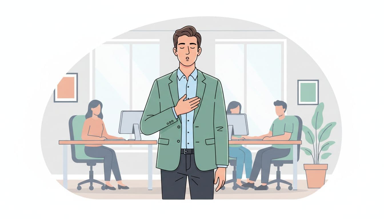Young male professional in open office pausing for psychological sigh before meeting, standing calmly with hand on chest, focused expression, blurred background.