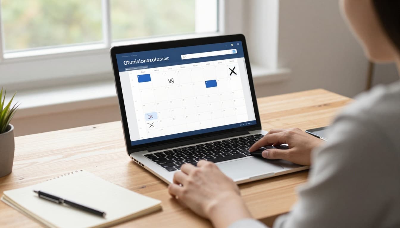 A focused professional sits at a wooden desk in a bright home office, reviewing an open laptop calendar app with highlighted meeting slots, some crossed out or deleted, hand relaxed near mouse, notebook nearby, natural daylight from window.