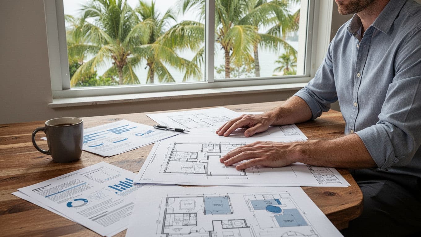 A focused person at a wooden desk examines architectural floor plans and business documents, with a coffee mug nearby and natural daylight from a window showing Florida palm trees.