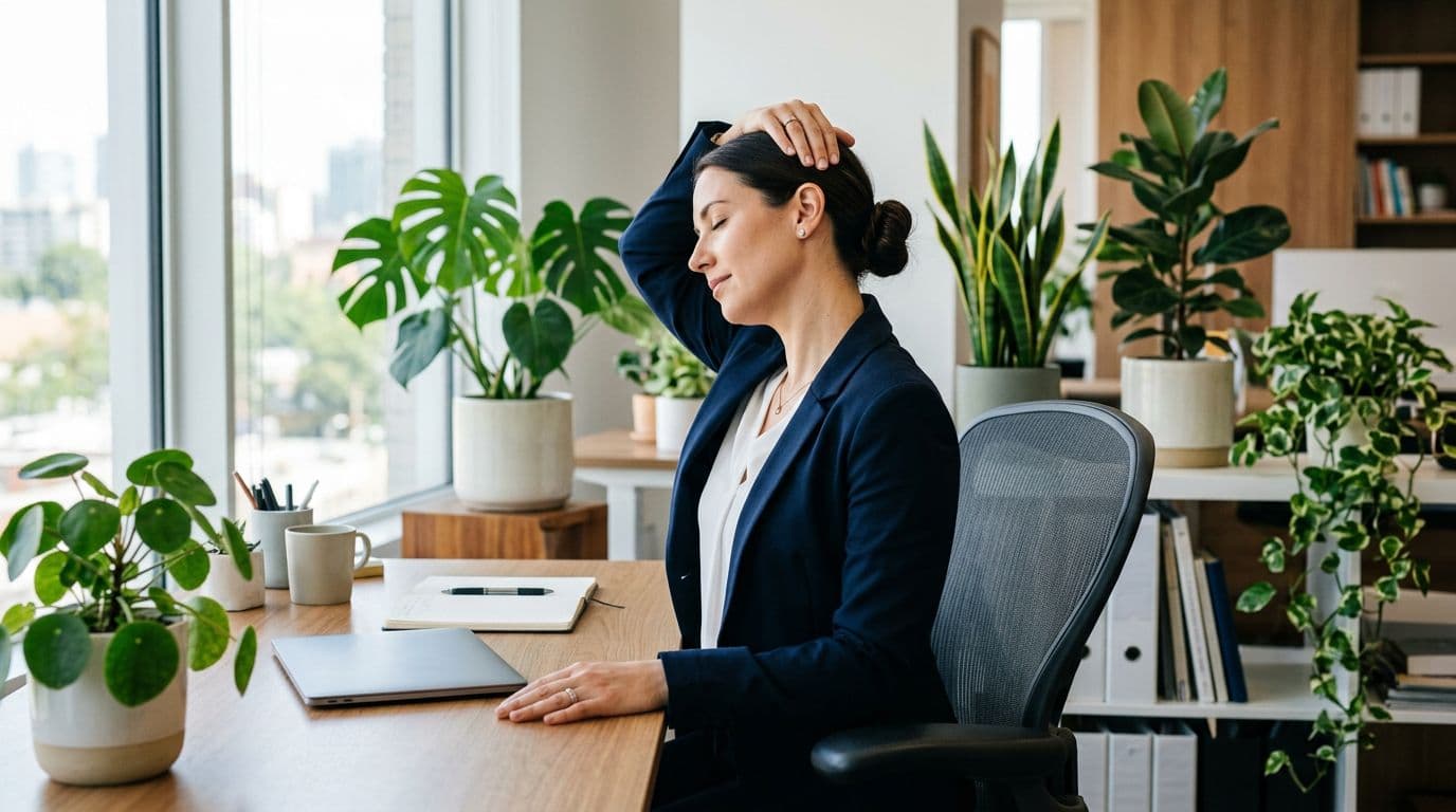 A single professional in business attire performs a seated neck tilt stretch to one side at an office desk, with the other hand relaxed on the desk and a calm facial expression. The side-view composition features a bright, naturally lit office background with plants, in photorealistic style.