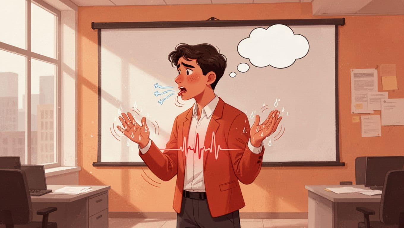 Modern illustration of a young professional in an office showing stage fright symptoms like sweaty palms, fast heartbeat, shallow breaths, blank mind, tense shoulders, and dry throat gesture, in side profile with warm orange-red tones.