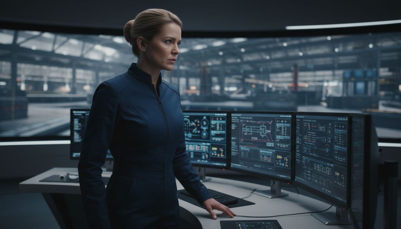 A lone professional in a control room stands at a desk with monitors, exhibiting subtle anxiety through tense shoulders and furrowed brow, in realistic style with neutral lighting.