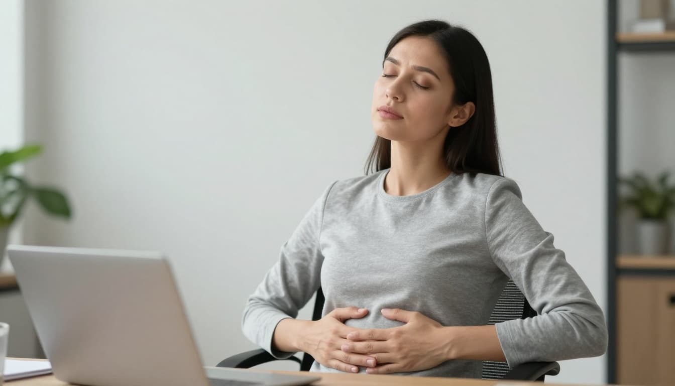 A professional woman in office attire sits comfortably with her hand gently on her abdomen to demonstrate belly breathing expansion during inhalation, featuring relaxed shoulders, neck, and closed eyes against a neutral office background with soft natural light.